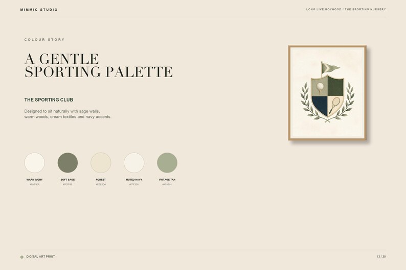 Puede incluir: Una impresi&oacute;n de arte digital que muestra un escudo con una pelota de golf, una raqueta de tenis y una bandera, enmarcada en madera. El texto dice A GENTLE SPORTING PALETTE, THE SPORTING CLUB, e incluye muestras de color WARM IVORY, SOFT SAGE, FOREST, MUTED NAVY y VINTAGE TAN.