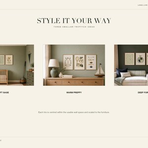 Interior styling slide showing three different gallery wall ideas labeled soft sage, warm preppy, and deep forest.