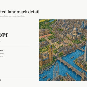 Pu&ograve; includere: Un'illustrazione digitale dello skyline di Londra con il fiume Tamigi, il Big Ben, il London Eye, la Cattedrale di San Paolo e The Shard. L'opera mostra dettagli architettonici complessi, linee espressive e una tavolozza di colori vivaci.