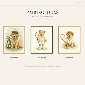 May include: A digital art print display titled PAIRING IDEAS featuring three illustrations: a golden retriever puppy with a golf bag, a teddy bear holding a tennis racket, and a golden retriever puppy holding a tennis racket, with text labels below each.