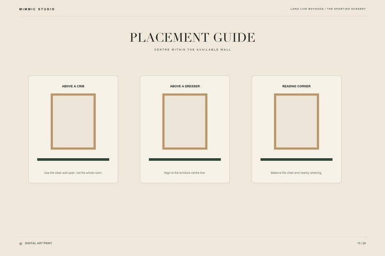 An instructional graphic titled Placement Guide illustrates frame positioning above a crib, above a dresser, and in a reading corner.