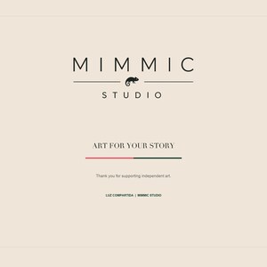 A brand logo slide featuring the text Mimmic Studio with a small chameleon illustration and the tagline Art For Your Story.