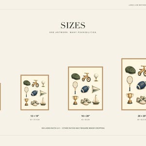 May include: A digital art print size guide featuring four framed posters with illustrations of a cap, balance bike, golf tee, tennis racket, football, pennant, trophy, sneakers, and sailboat. Sizes listed are 8x10, 12x15, 16x20, and 20x25 inches.