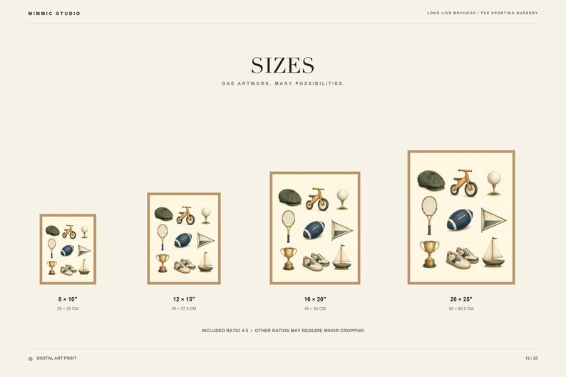 May include: A digital art print size guide featuring four framed posters with illustrations of a cap, balance bike, golf tee, tennis racket, football, pennant, trophy, sneakers, and sailboat. Sizes listed are 8x10, 12x15, 16x20, and 20x25 inches.