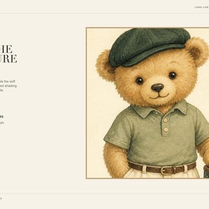 Close-up product detail shot showing the textured watercolor print of a teddy bear golfer wearing a green cap and polo.