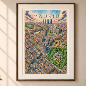 May include: A framed art print featuring an aerial illustration of Madrid with the text MADRID at the top. The artwork depicts a dense cityscape with terracotta rooftops, green parks, and prominent landmarks under a blue and orange sky.