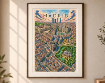 Geïllustreerde stadsplattegrond van Madrid, vintage en kleurrijke reisposter van Spanje, muurdecoratie voor Madrid, printbare download
