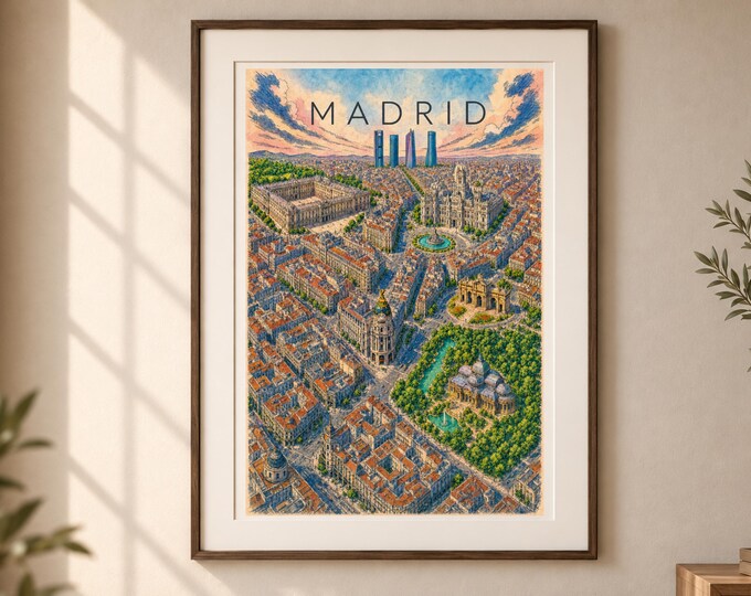 Madrid Map Printable Wall Art, Vintage & Color City Poster, Spain Travel Decor, Instant Download