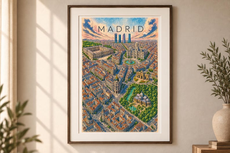 May include: A framed art print featuring an aerial illustration of Madrid with the text MADRID at the top. The artwork depicts a dense cityscape with terracotta rooftops, green parks, and prominent landmarks under a blue and orange sky.