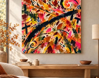 First Leaves Fall Abstract Art, Autumn Wall Art, Fluorescent Neo Expressionist Print, Square Printable Download