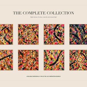 An art collection slide titled The Complete Collection showing eight different colorful square abstract art prints arranged in two rows.
