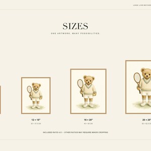 May include: A digital art print size guide featuring a teddy bear dressed in tennis attire holding a racket. The chart displays four sizes: 8x10 inches (20x25 cm), 12x15 inches (30x37.5 cm), 16x20 inches (40x50 cm), and 20x25 inches (50x62.5 cm).