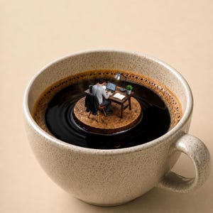 A close-up shot of a speckled ceramic coffee cup filled with black coffee, containing a tiny island where a miniature person sits at a desk working on a laptop under a small desk lamp.