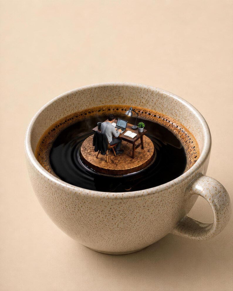 A close-up shot of a speckled ceramic coffee cup filled with black coffee, containing a tiny island where a miniature person sits at a desk working on a laptop under a small desk lamp.