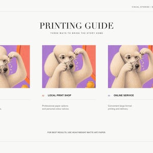 A printing guide slide displays three options for printing the poodle artwork at home, at a local shop, or using an online service.