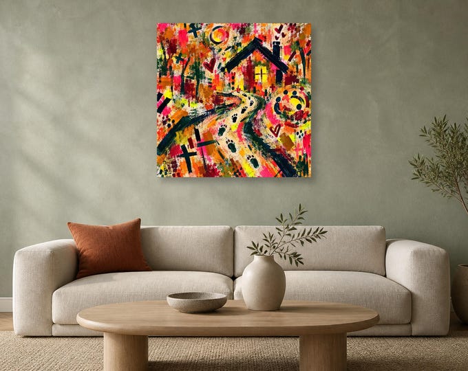 Abstract Wall Art, Fluorescent Square Print with Footprint Imagery