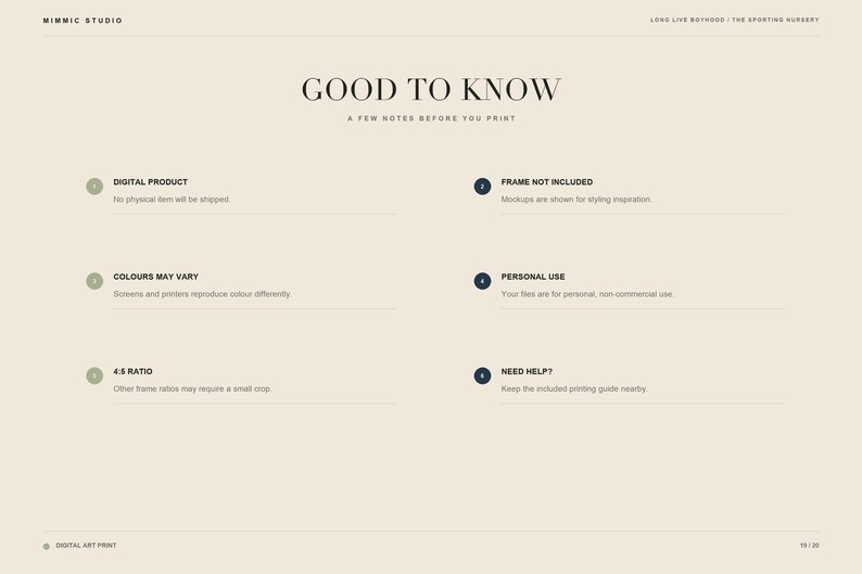 May include: A beige informational graphic titled GOOD TO KNOW with six numbered points regarding a digital product. Text includes Digital Product, Frame Not Included, Colours May Vary, Personal Use, 4:5 Ratio, and Need Help? with brief descriptions.