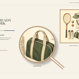 May include: A digital art print titled Long Live Boyhood featuring a tennis equipment study. The artwork displays a tennis racket, visor, two balls, a V-neck sweater, sneakers, and a duffel bag. A circular magnifying glass highlights the bag's texture.