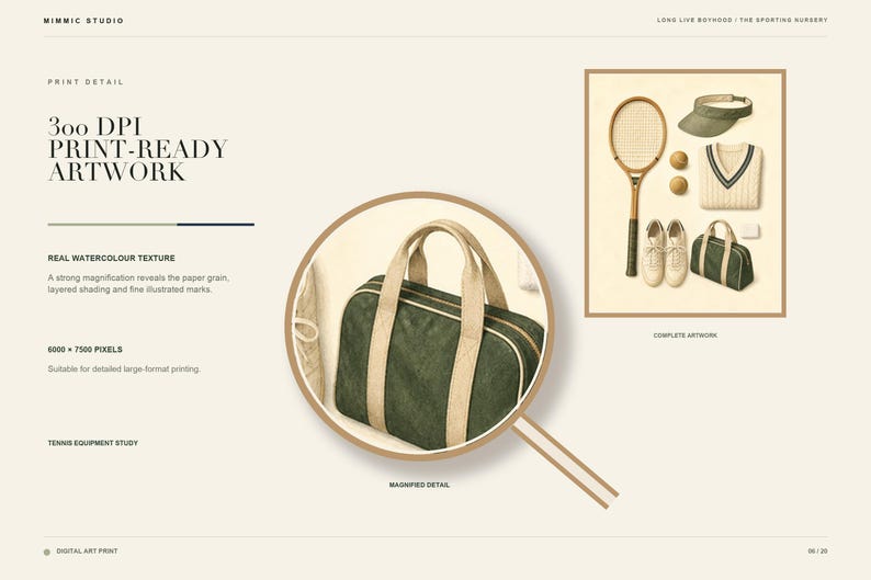 May include: A digital art print titled Long Live Boyhood featuring a tennis equipment study. The artwork displays a tennis racket, visor, two balls, a V-neck sweater, sneakers, and a duffel bag. A circular magnifying glass highlights the bag's texture.