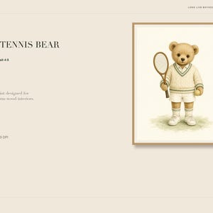 May include: A framed art print titled LITTLE TENNIS BEAR featuring a light brown teddy bear dressed in a cream-colored cable knit tennis sweater with green trim, white shorts, and white sneakers, holding a wooden tennis racket in one hand.