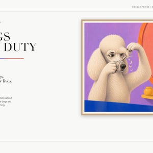 A presentation slide titled Dogs Off Duty shows a digital art print of a white poodle cutting its hair with scissors.