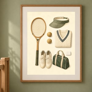 May include: A framed wall art print featuring a collection of tennis equipment including a wooden racket, two yellow tennis balls, a green visor, a cream-colored cable knit sweater with dark trim, a pair of white sneakers, and a green duffel bag.