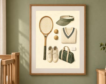 Vintage Tennis Nursery Print, Tennis Racket Wall Art, Preppy Baby Boy Room Decor, Printable Download