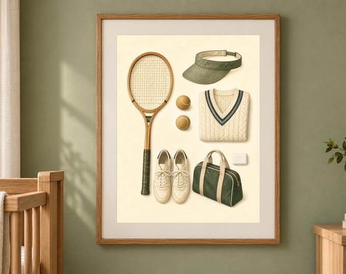 Tennis Equipment Nursery Print, Vintage Preppy Baby Boy Wall Art, Printable Download