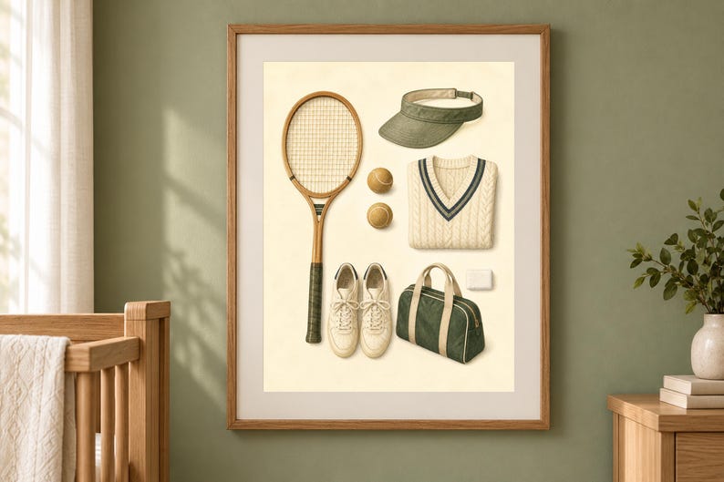 May include: A framed wall art print featuring a collection of tennis equipment including a wooden racket, two yellow tennis balls, a green visor, a cream-colored cable knit sweater with dark trim, a pair of white sneakers, and a green duffel bag.