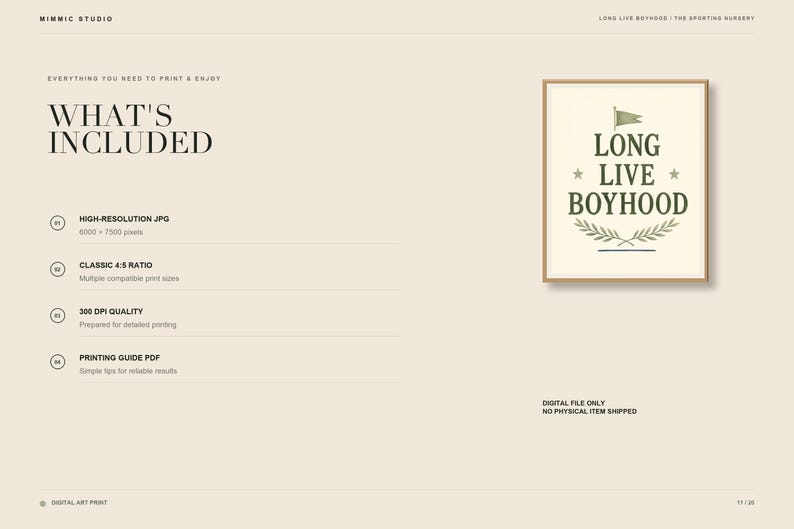 Puede incluir: Una impresi&oacute;n de arte digital con el texto LONG LIVE BOYHOOD en letras verde oscuro, centrado sobre una corona de laurel y bajo un peque&ntilde;o icono de bandera, flanqueado por dos estrellas. El fondo beige incluye una lista de archivos y especificaciones.