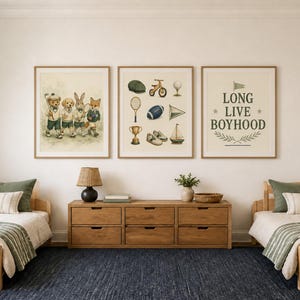 May include: Three framed wall art prints featuring illustrations of animals in sports attire, various sports equipment, and the text LONG LIVE BOYHOOD in green lettering. The prints are displayed in light wood frames above a wooden dresser.