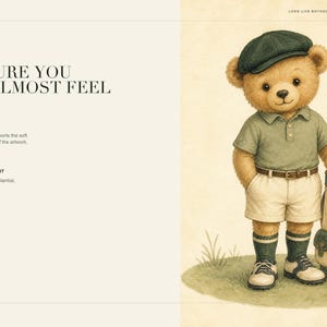 K&ouml;nnte beinhalten: Eine Aquarell-Illustration eines Teddyb&auml;ren in einem gr&uuml;nen Poloshirt, beigen Shorts, einer dunkelgr&uuml;nen Schieberm&uuml;tze und Golfschuhen. Der B&auml;r steht neben einer Golftasche mit Schl&auml;gern. Text beinhaltet "MIMMIC STUDIO" und "TEXTURE YOU CAN ALMOST FEEL."