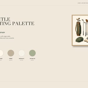 May include: A digital art print titled A GENTLE SPORTING PALETTE GOLF EQUIPMENT STUDY featuring a framed illustration of a golf bag, clubs, a glove, two golf balls, a flat cap, and shoes, alongside five circular color swatches labeled with names.
