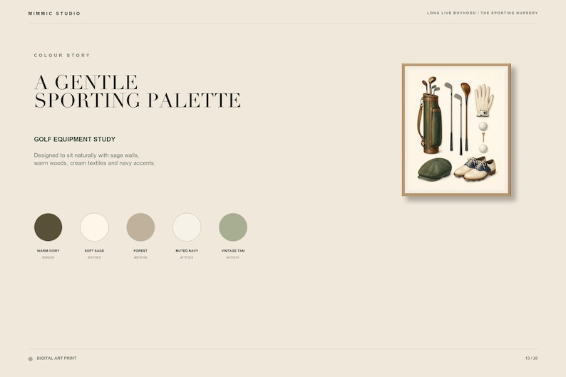 May include: A digital art print titled A GENTLE SPORTING PALETTE GOLF EQUIPMENT STUDY featuring a framed illustration of a golf bag, clubs, a glove, two golf balls, a flat cap, and shoes, alongside five circular color swatches labeled with names.