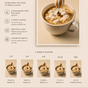 Infographic detailing what is included with the purchase, showing 5 aspect ratios and sizing options for the digital download prints.