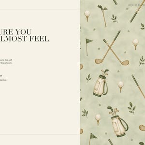 An informational graphic titled Texture You Can Almost Feel displays printing specifications on the left and a detailed view of the sage green golf pattern on the right.