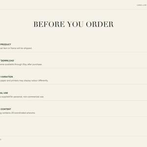 Text-based slide listing ordering details including digital product notes, instant download info, and usage rights.