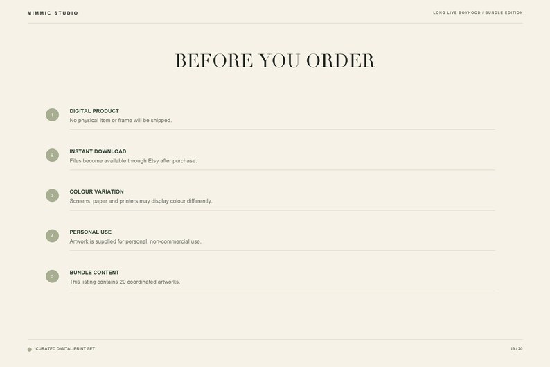 Text-based slide listing ordering details including digital product notes, instant download info, and usage rights.