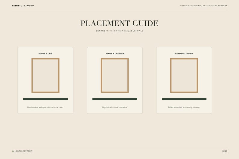 May include: A beige digital placement guide titled PLACEMENT GUIDE with three rectangular frames labeled ABOVE A CRIB, ABOVE A DRESSER, and READING CORNER. Each section includes instructions for centering art prints on walls above furniture pieces.