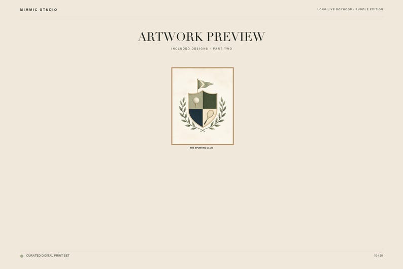May include: A digital print preview titled ARTWORK PREVIEW INCLUDED DESIGNS PART TWO featuring a central crest labeled THE SPORTING CLUB. The shield displays a golf ball and tennis racket, topped with a flag and framed by laurel branches.