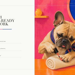 A detail slide showing text specs on the left and a close-up of the French bulldog artwork on the right.