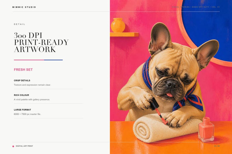 A detail slide showing text specs on the left and a close-up of the French bulldog artwork on the right.