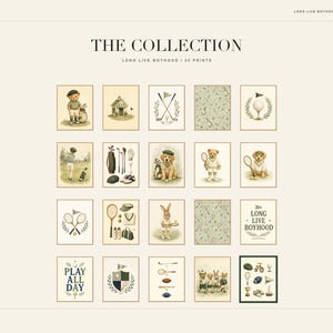 May include: A collection of twenty digital art prints titled THE COLLECTION LONG LIVE BOYHOOD, featuring illustrations of teddy bears, rabbits, and dogs engaged in sports like golf and tennis, alongside crests and text reading LONG LIVE BOYHOOD.