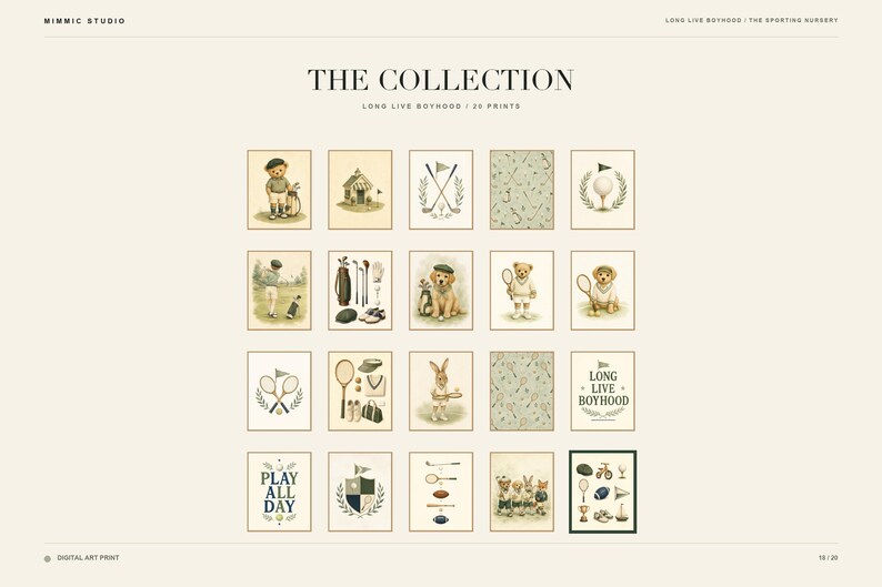 May include: A collection of twenty digital art prints titled THE COLLECTION LONG LIVE BOYHOOD, featuring illustrations of teddy bears, rabbits, and dogs engaged in sports like golf and tennis, alongside crests and text reading LONG LIVE BOYHOOD.