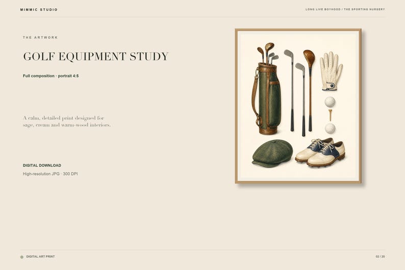 May include: A framed art print titled GOLF EQUIPMENT STUDY featuring a dark green golf bag, three golf clubs, a white glove, two golf balls on a tee, a pair of two-tone blue and white golf shoes, and a dark green flat cap on a cream background.