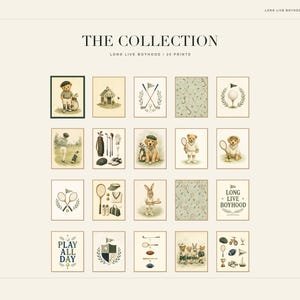 K&ouml;nnte beinhalten: Eine Sammlung von zwanzig digitalen Kunstdrucken mit dem Titel THE COLLECTION LONG LIVE BOYHOOD, die Illustrationen von Teddyb&auml;ren, Hasen und Hunden bei Sportarten wie Golf und Tennis sowie gemusterte Hintergr&uuml;nde und Textdesigns zeigt.