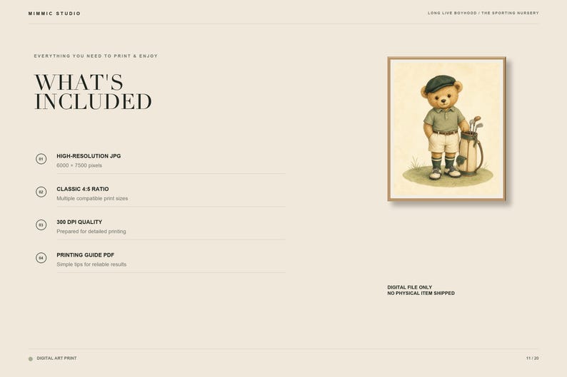K&ouml;nnte beinhalten: Ein digitaler Kunstdruck mit einem Teddyb&auml;ren in gr&uuml;nem Poloshirt, beiger Shorts und dunkelgr&uuml;ner Kappe, der mit einer Golftasche auf einer Grasfl&auml;che steht. Der Text lautet WHAT'S INCLUDED, HIGH-RESOLUTION JPG, CLASSIC 4:5 RATIO, 300 DPI QUALITY und PRINTING GUIDE PDF.