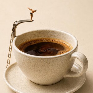 A close-up shot of a surreal artwork featuring a tiny miniature diver on a metal ladder and springboard perched on the edge of a speckled ceramic teacup filled with black coffee.