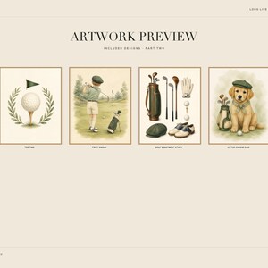 Four preview art prints from part two showing a golf ball, golfer kid, equipment study, and a puppy.