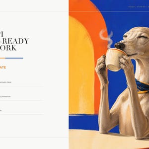 A product detail slide showing a close-up section of the greyhound coffee art print with file specifications text on the left.